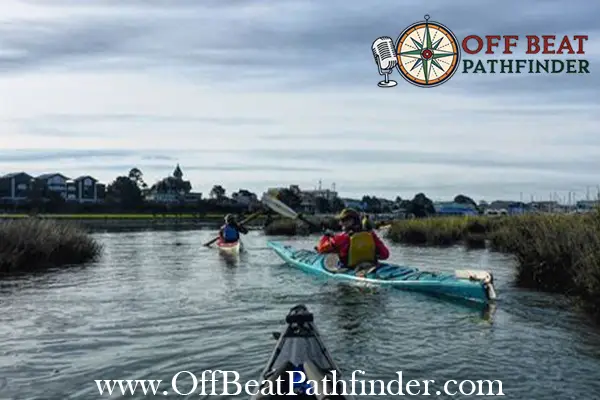 Kayakers on Humboldt Bay with boats in the background