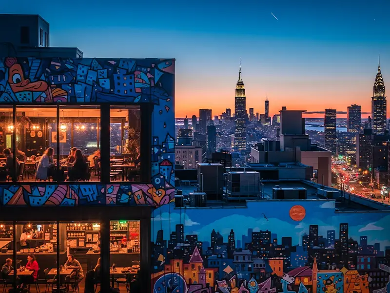 A bustling cityscape with famous landmarks