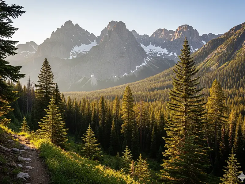 A majestic view of a national park, with mountains and trees