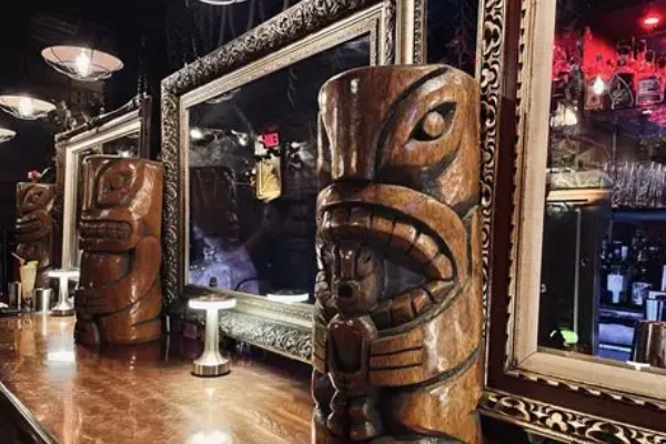 The pirate-themed interior of the Strong Water tiki bar