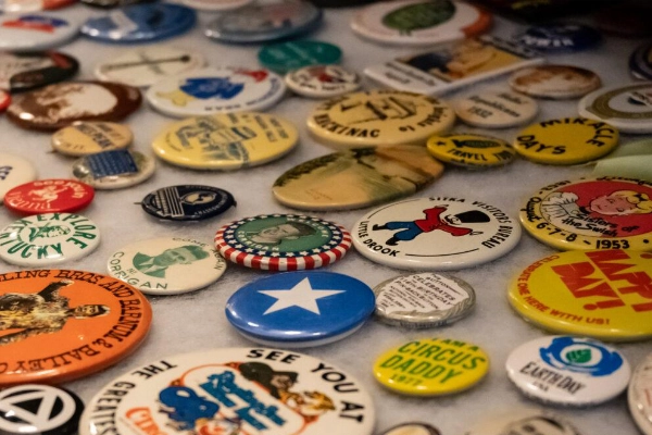 A colorful display of buttons at the Busy Beaver Button Museum