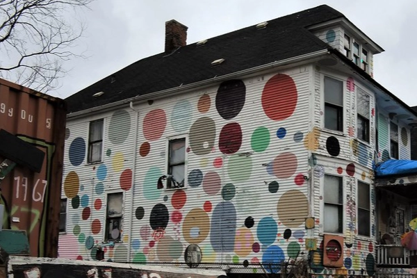A house covered in polka dots at the Heidelberg Project