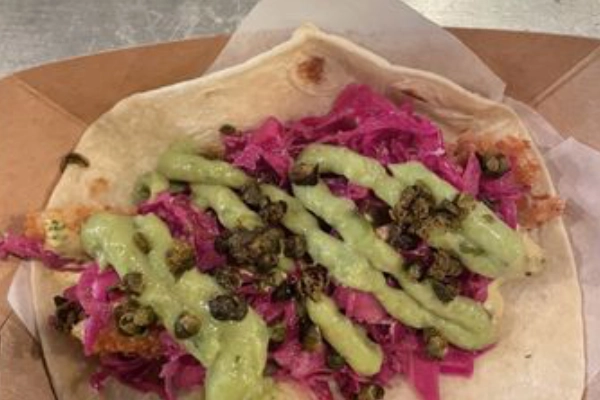 A plate of fish tacos at Vinyl Taco