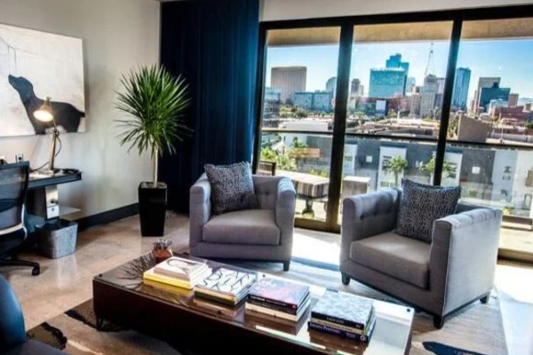 An artsy, modern room at the Found:Re Phoenix hotel
