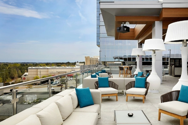 A modern room at the AC Hotel Raleigh in the Warehouse District