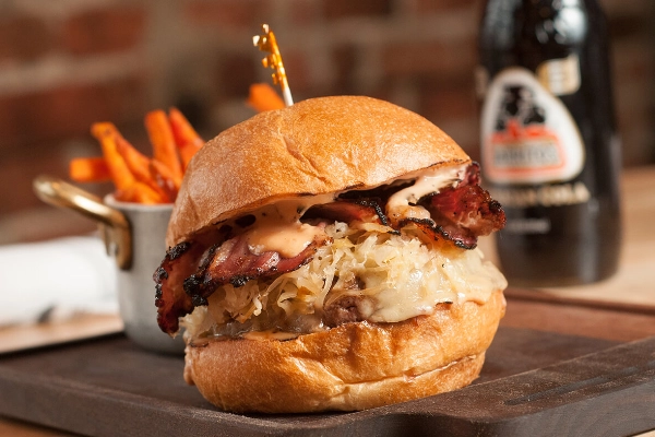 A bison burger from The Depot Craft Brewery Distillery