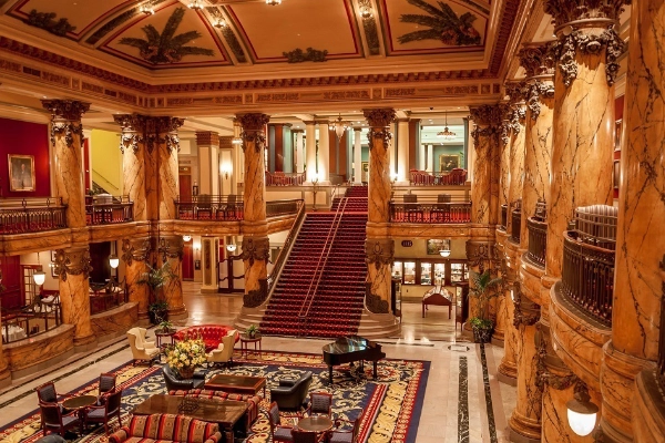 The opulent, grand lobby of The Jefferson Hotel