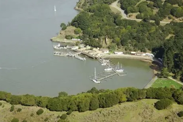 A campsite with a view of the bay on Angel Island