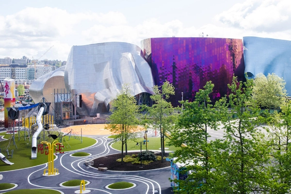 The unique, swirling exterior of the Museum of Pop Culture (MoPOP)