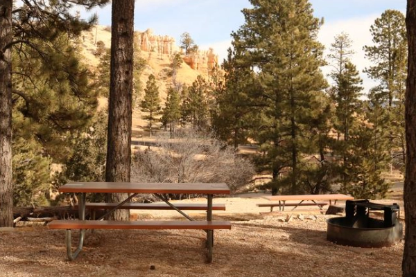 A campsite with a view of the hoodoos at North Campground