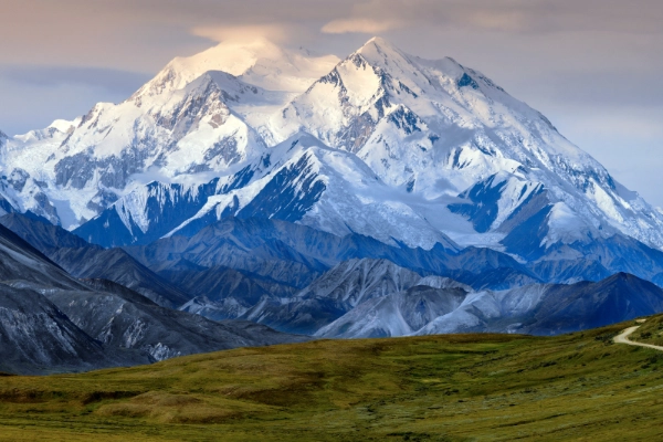 The towering, snow-covered peak of Denali, North America's tallest mountain