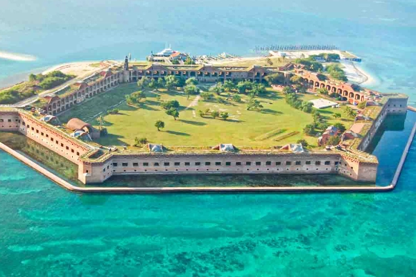 The colossal red-brick structure of Fort Jefferson rising from the turquoise sea