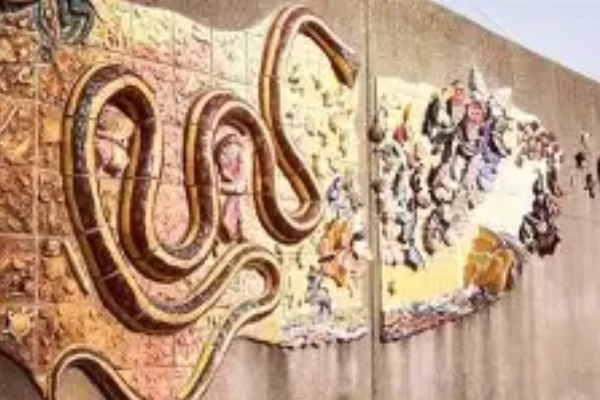 A vibrant, colorful mural painted on the levee wall along the Mississippi River