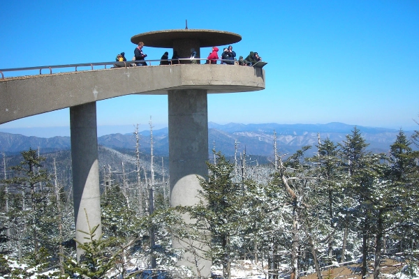 The futuristic observation tower at Clingmans Dome overlooking misty mountains