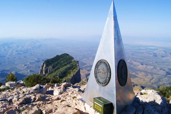 The unique metal pyramid marker at the summit of Guadalupe Peak