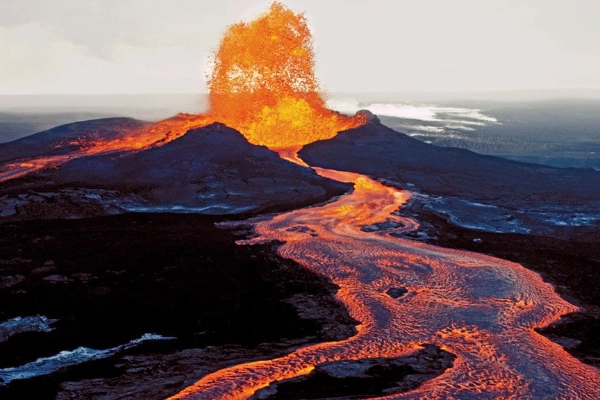 The glowing caldera of Kīlauea Volcano at night