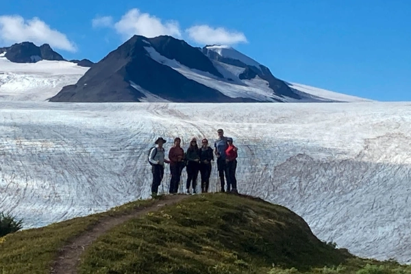 A breathtaking view of the endless white Harding Icefield from a hiking trail