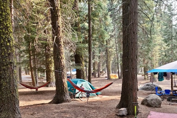 A campsite at Manzanita Lake Campground with a view of Lassen Peak
