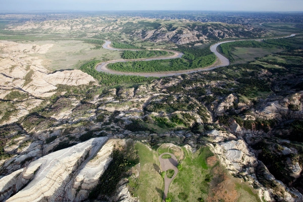 A sweeping overlook of the Little Missouri River twisting through the badlands