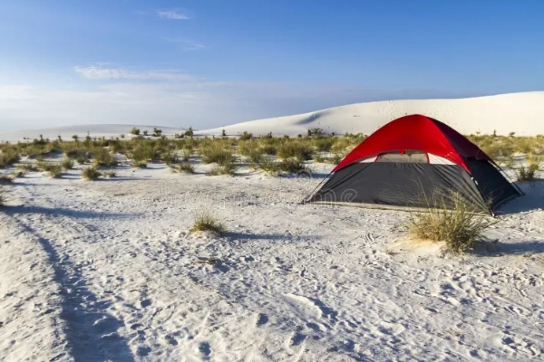 A tent pitched in the white sand dunes under a starry galaxy