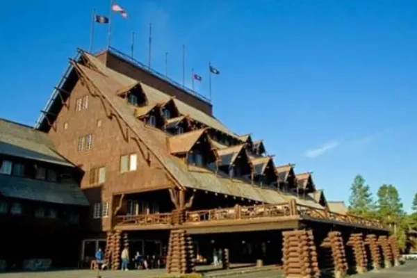 The iconic and historic Old Faithful Inn, a massive log hotel