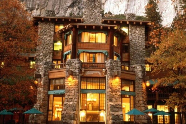 The fancy and historic Ahwahnee Hotel, known for its grand architecture