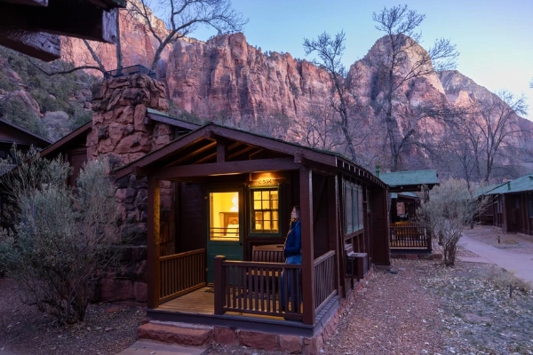 The historic Zion Lodge with canyon-view balconies