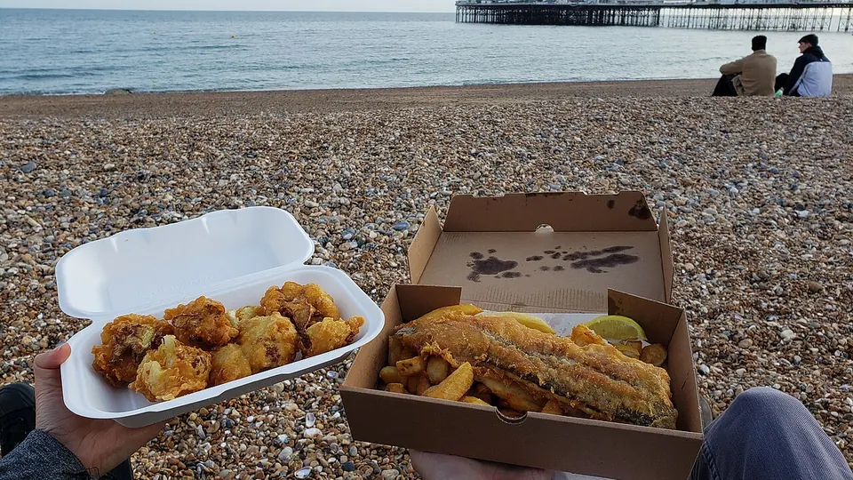 Brighton destination photo: Fish and chips on Brighton beach 2023-05-23