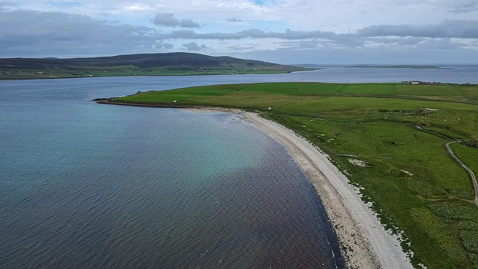 Orkney destination photo: Aerial image of Sands of Evie, a beach near Stenso, Mainland, Orkney