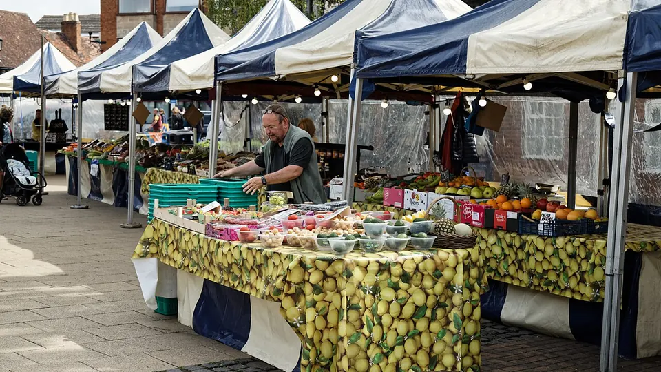 Stratford-upon-Avon destination photo: Stratford upon Avon Rother Market Square fruit vegetable stall Warwickshire England